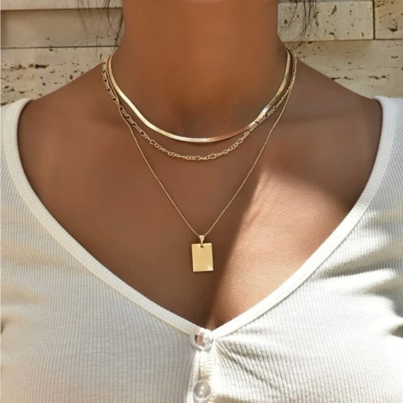 Gold 2pc Rectangle Bar Chain Necklace Set - Picture 1 of 2